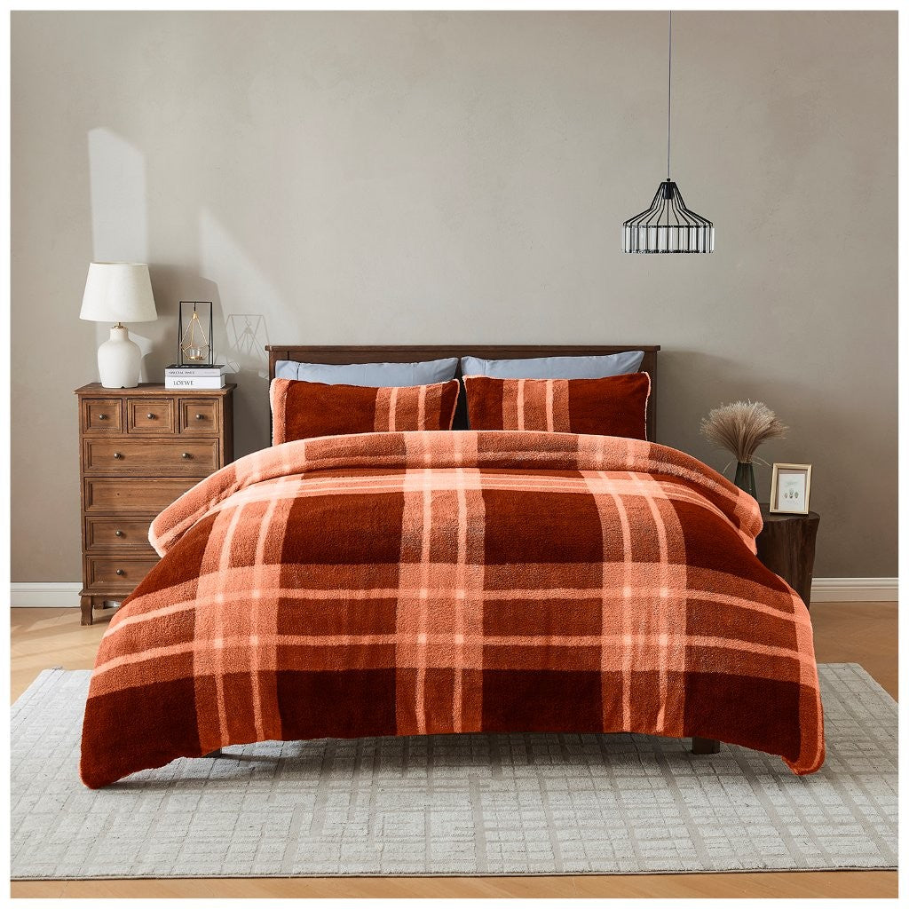 Reversible Teddy Bear Fleece Check Duvet Cover Thermal Warm Quilt Bedding Set