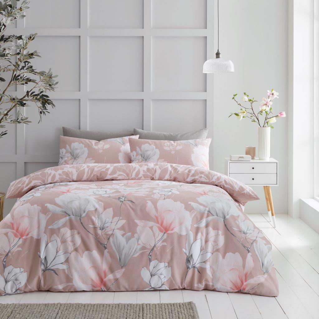 Magnolia Dreams Floral Flower Duvet Quilt Cover & Pillow Case Bedding Set Grey