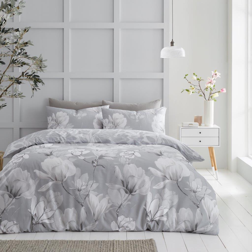 Magnolia Dreams Floral Flower Duvet Quilt Cover & Pillow Case Bedding Set Grey