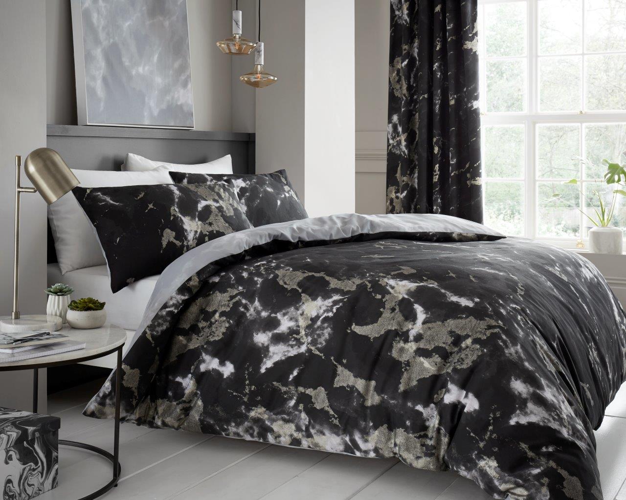 Marble Effect Duvet Quilt Cover & Pillow Case Bedding Set Black Cream White