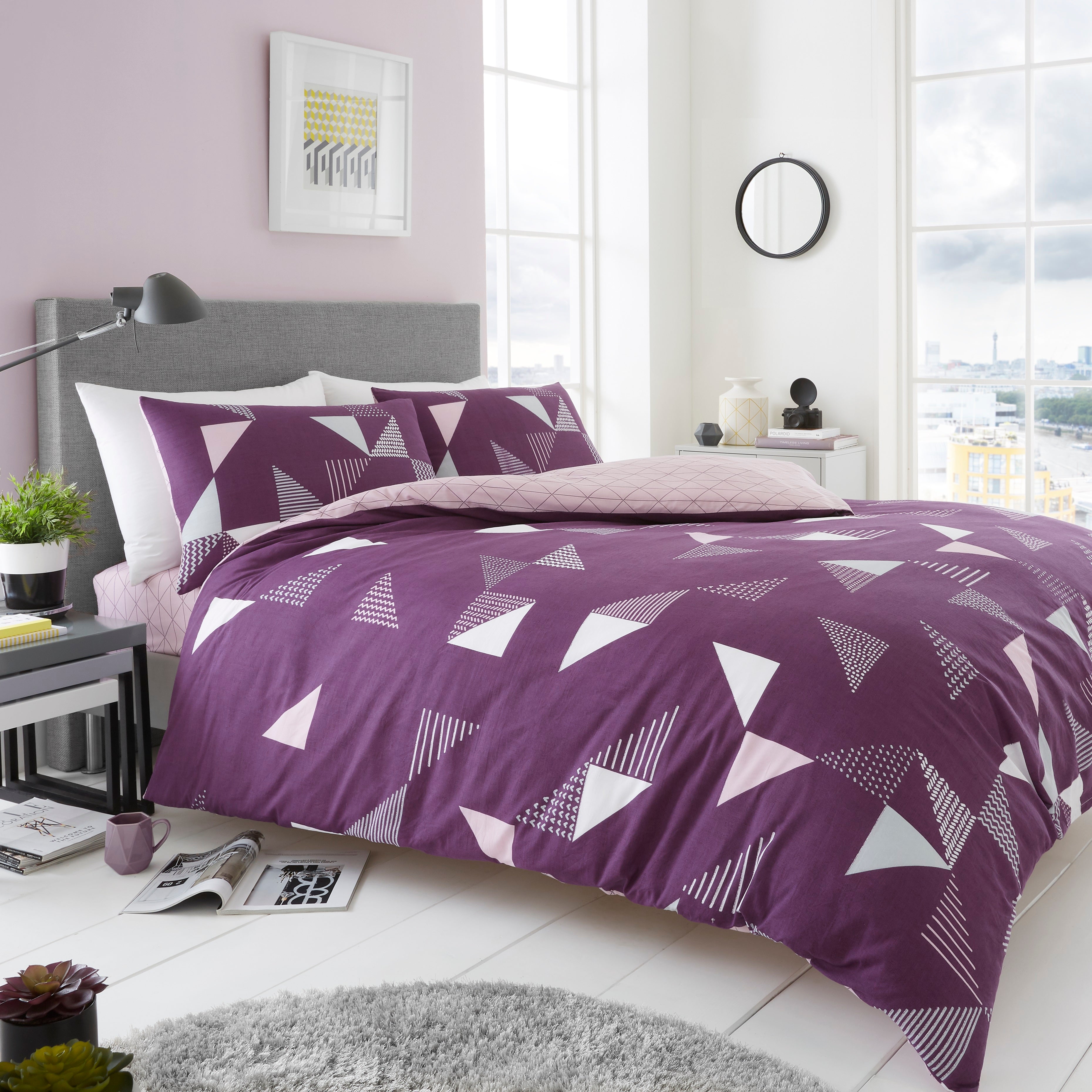 Marco Triangle Duvet Quilt Cover & Pillow Case Bedding Set Grey Purple