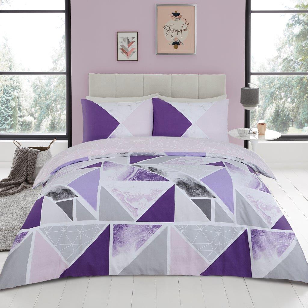 Mila Triangles Marble Stripes Duvet Quilt Cover & Pillow Case Bedding Set Pink