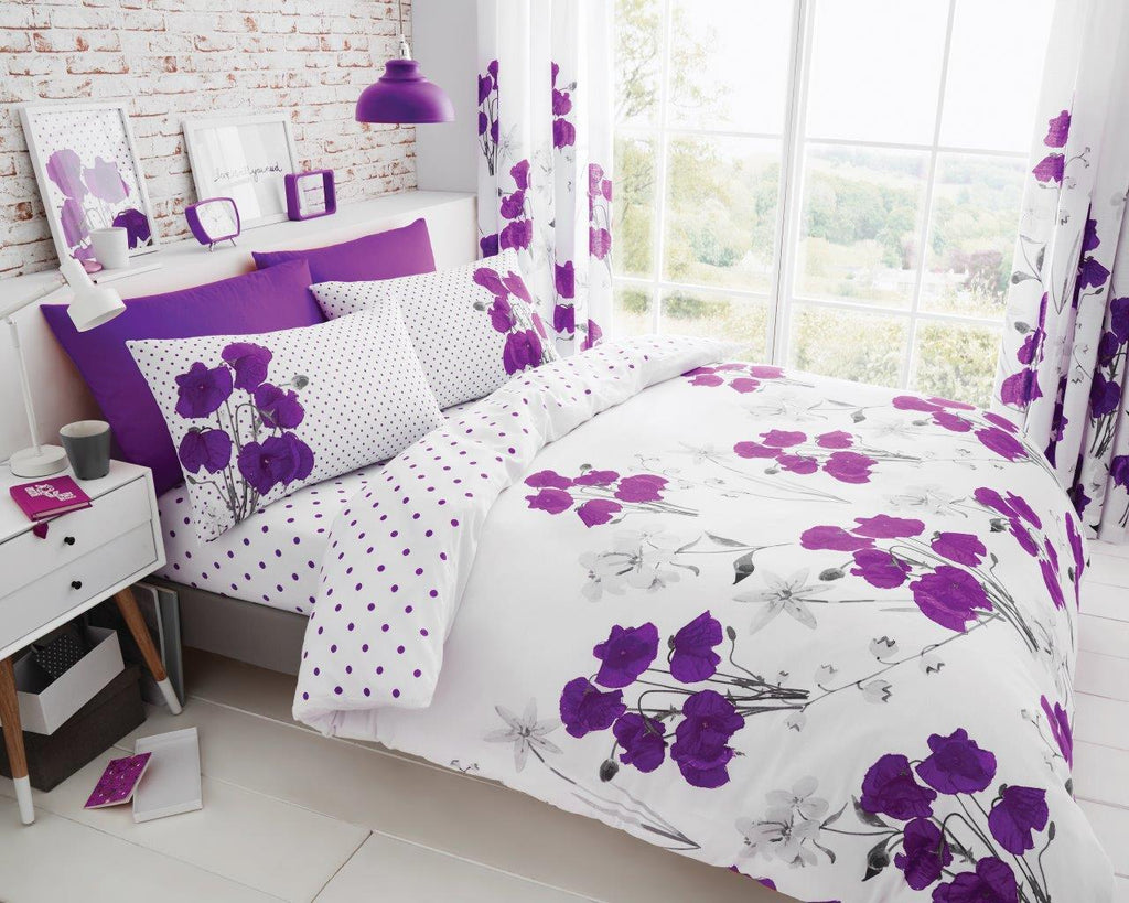 Poppy Floral Polka Dot Duvet Quilt Cover & Pillow Case Bedding Set Yellow Red