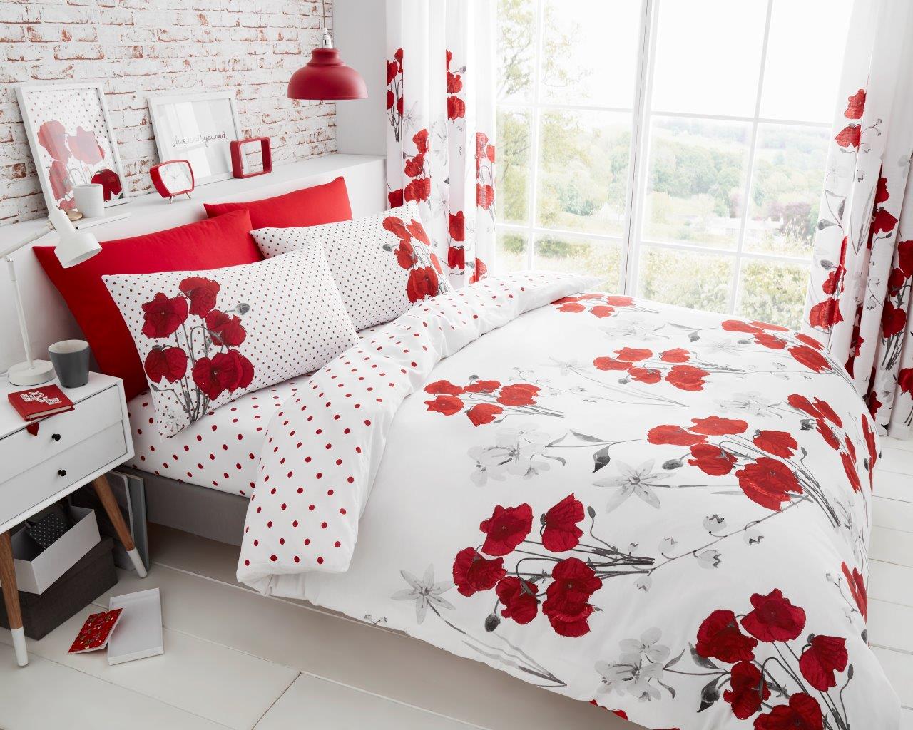 Poppy Floral Polka Dot Duvet Quilt Cover & Pillow Case Bedding Set Yellow Red