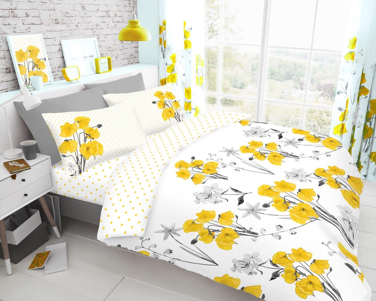 Poppy Floral Polka Dot Duvet Quilt Cover & Pillow Case Bedding Set Yellow Red
