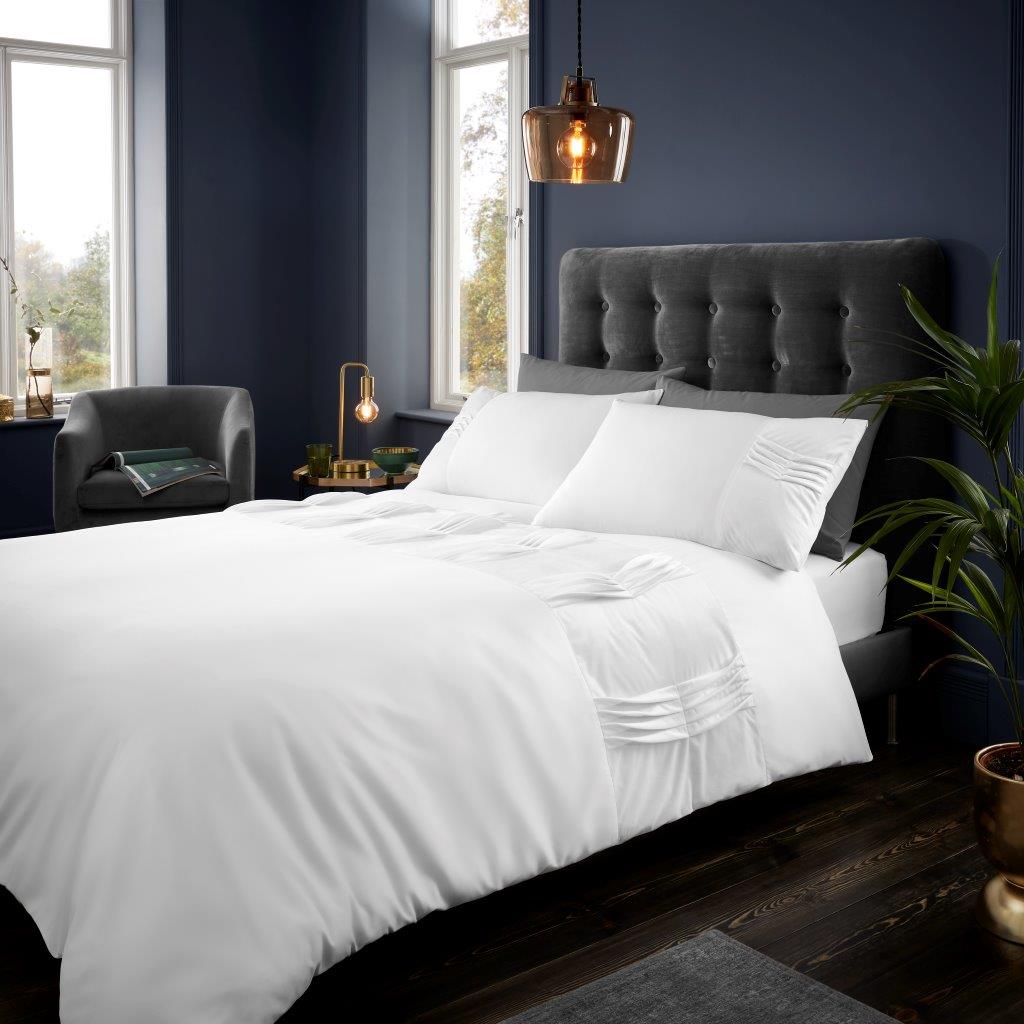 Revie Velvet Duvet Quilt Cover & Pillow Case Bedding Set Grey Dark Green White