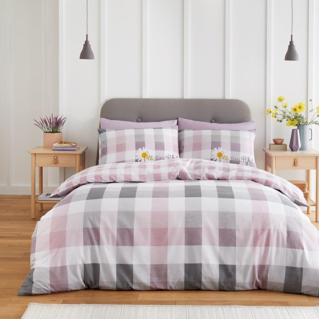 Sunny Gingham Check Duvet Quilt Cover & Pillow Case Bedding Set Blush Pink Multi