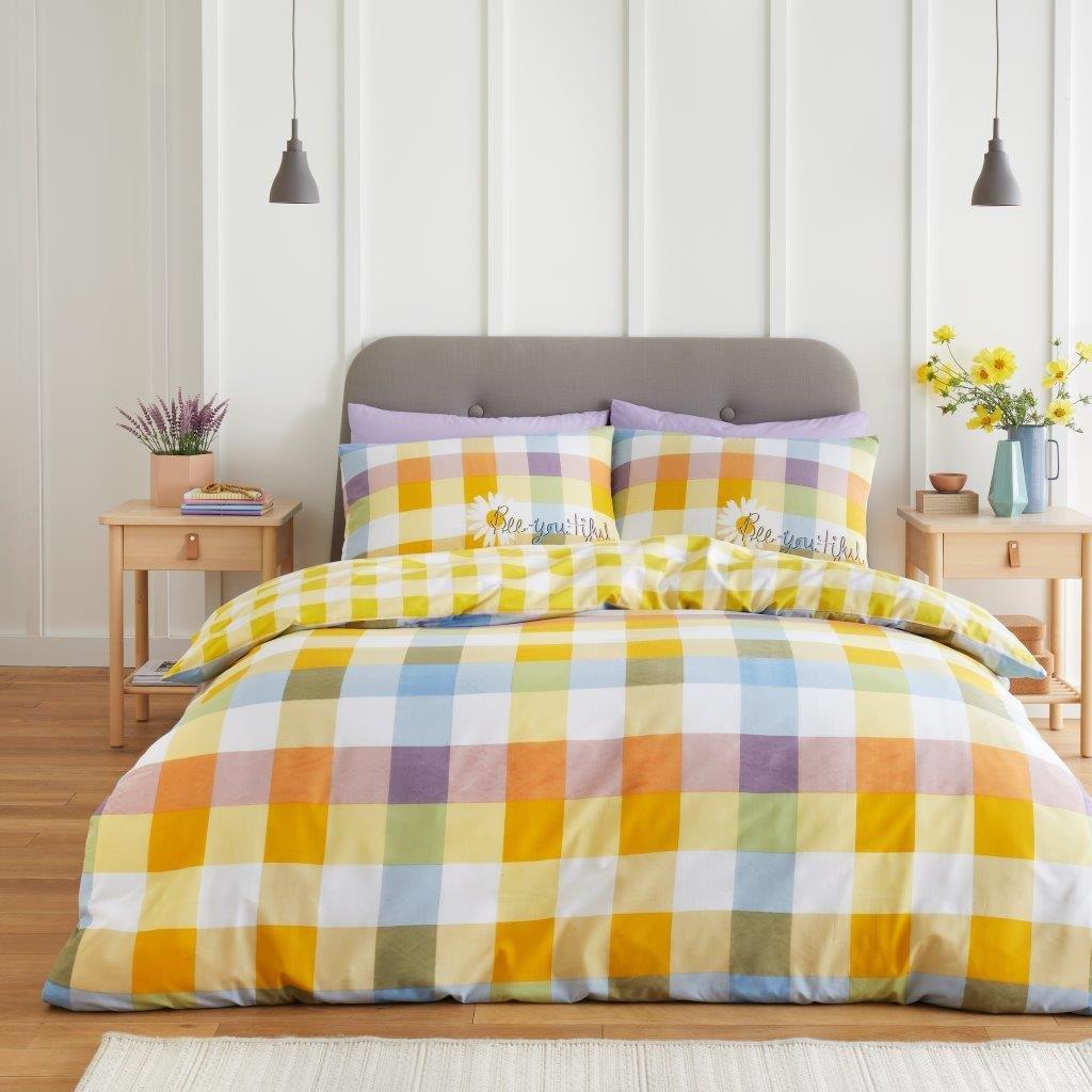 Sunny Gingham Check Duvet Quilt Cover & Pillow Case Bedding Set Blush Pink Multi