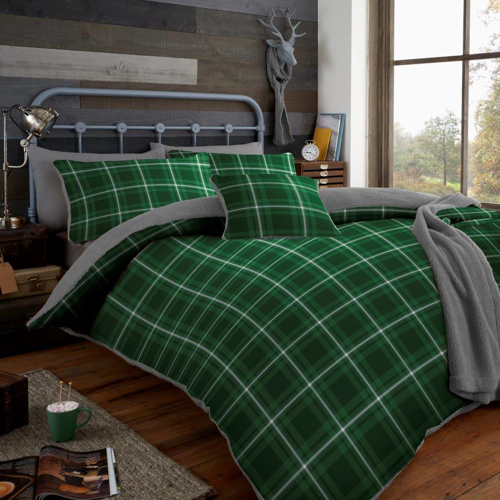 Teddy Bear Fleece Tartan Highland Check Checked Duvet Quilt Cover Bedding Set