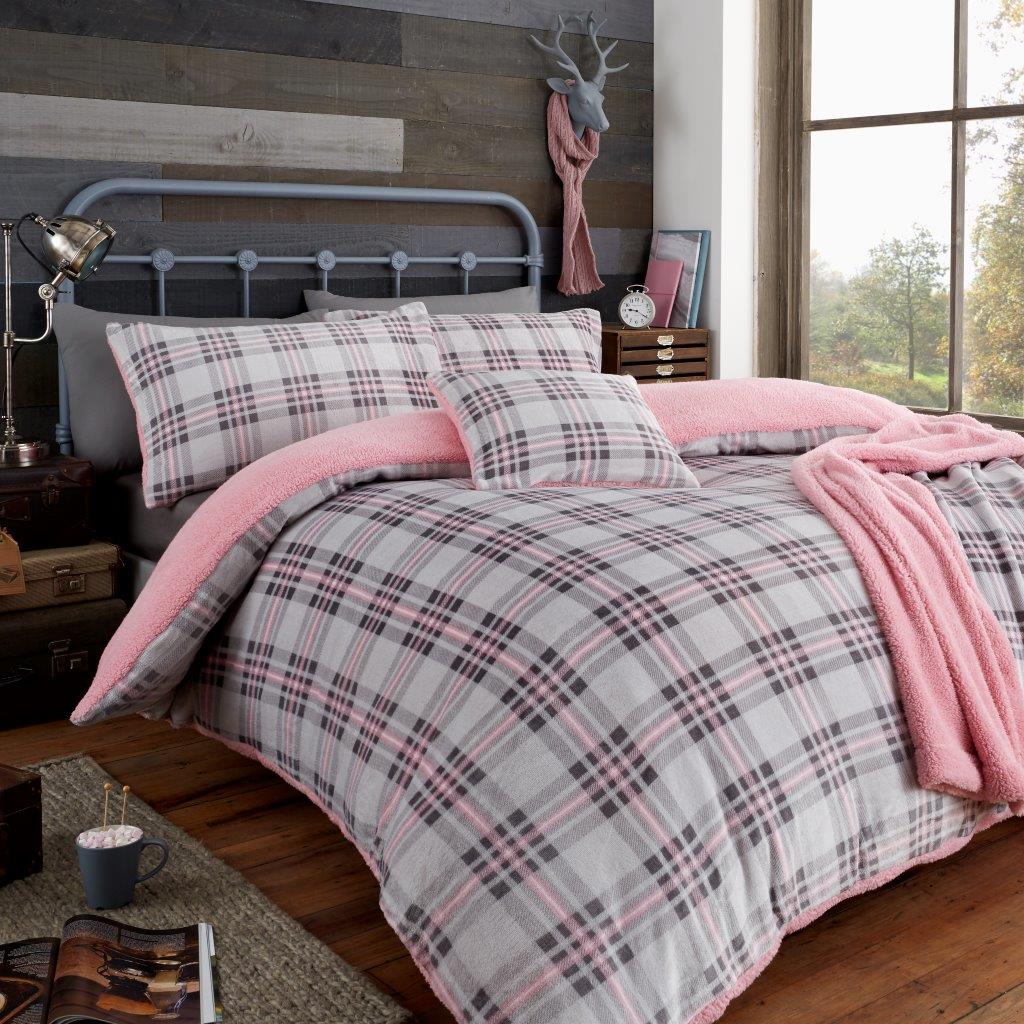 Teddy Bear Fleece Tartan Highland Check Checked Duvet Quilt Cover Bedding Set