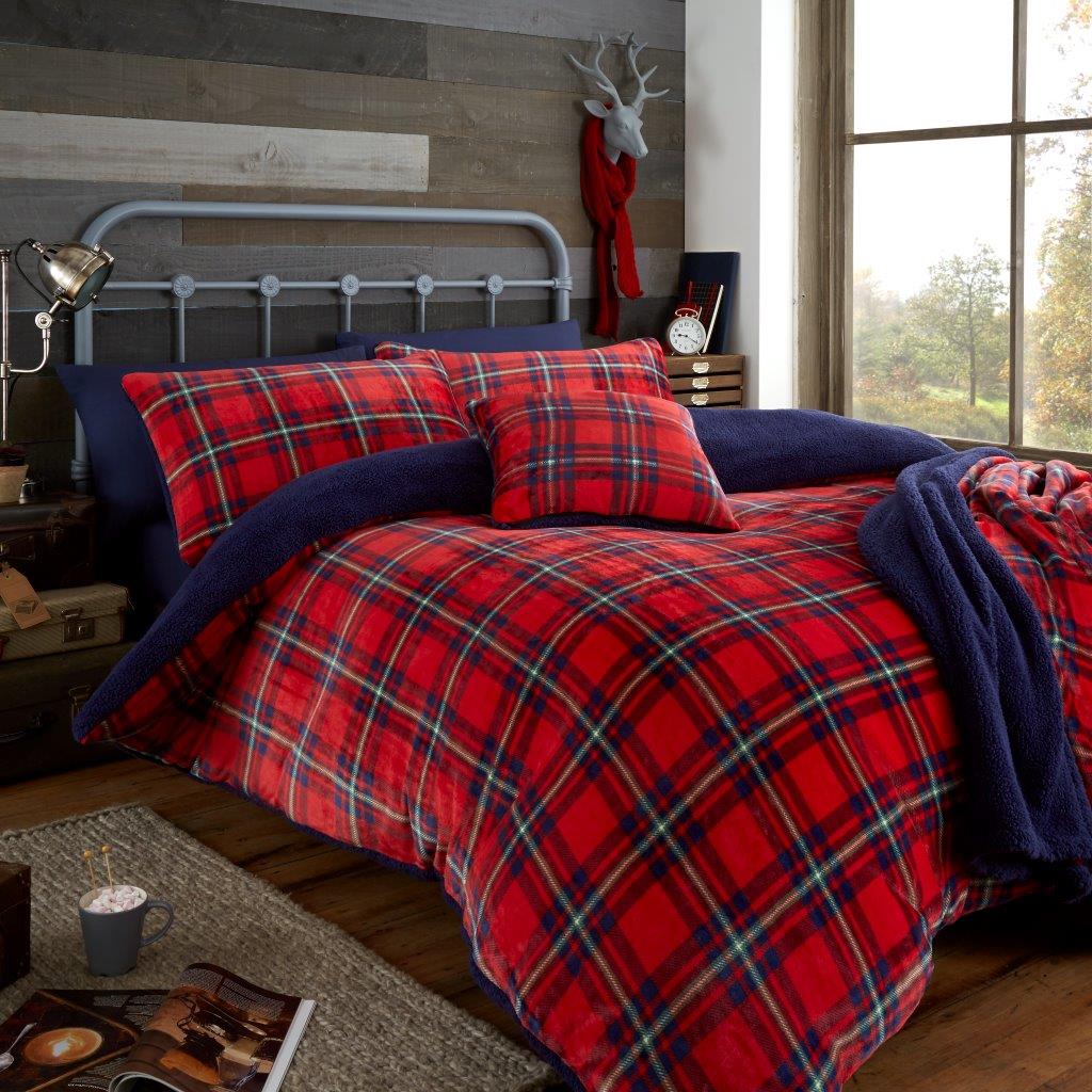 Teddy Bear Fleece Tartan Highland Check Checked Duvet Quilt Cover Bedding Set