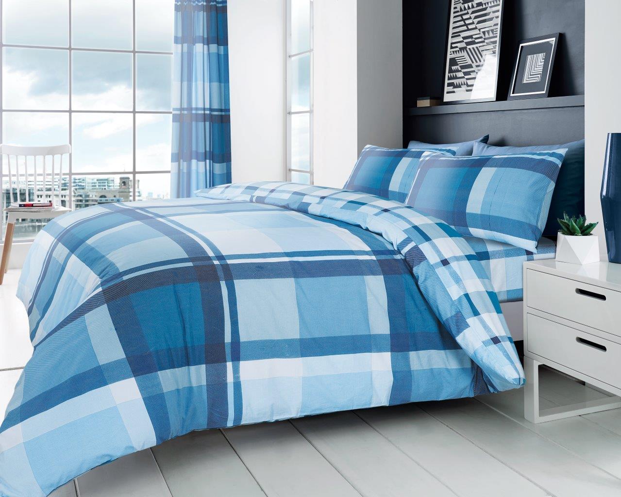 Duvet Cover Set Double King Check Bedding – Waverly Grey Blue with Pillowcases