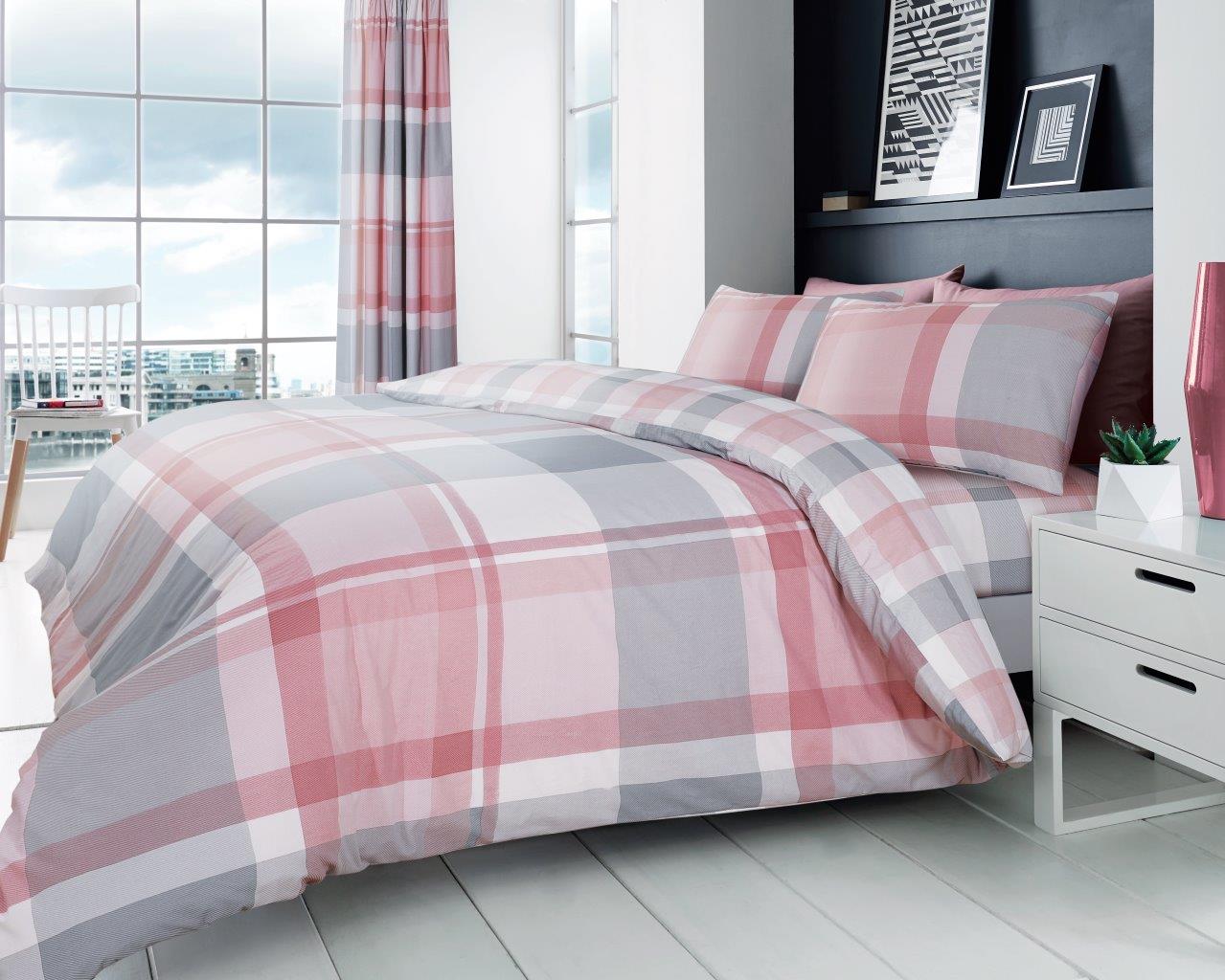 Duvet Cover Set Double King Check Bedding – Waverly Grey Blue with Pillowcases