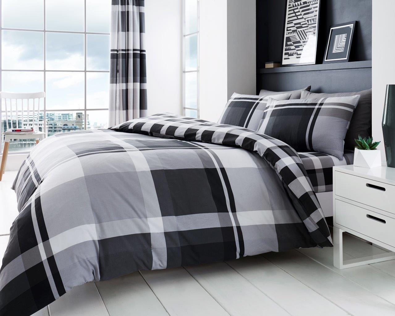 Duvet Cover Set Double King Check Bedding – Waverly Grey Blue with Pillowcases