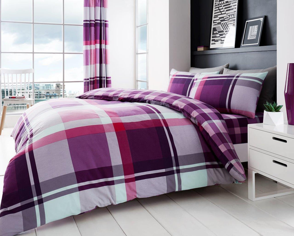 Duvet Cover Set Double King Check Bedding – Waverly Grey Blue with Pillowcases