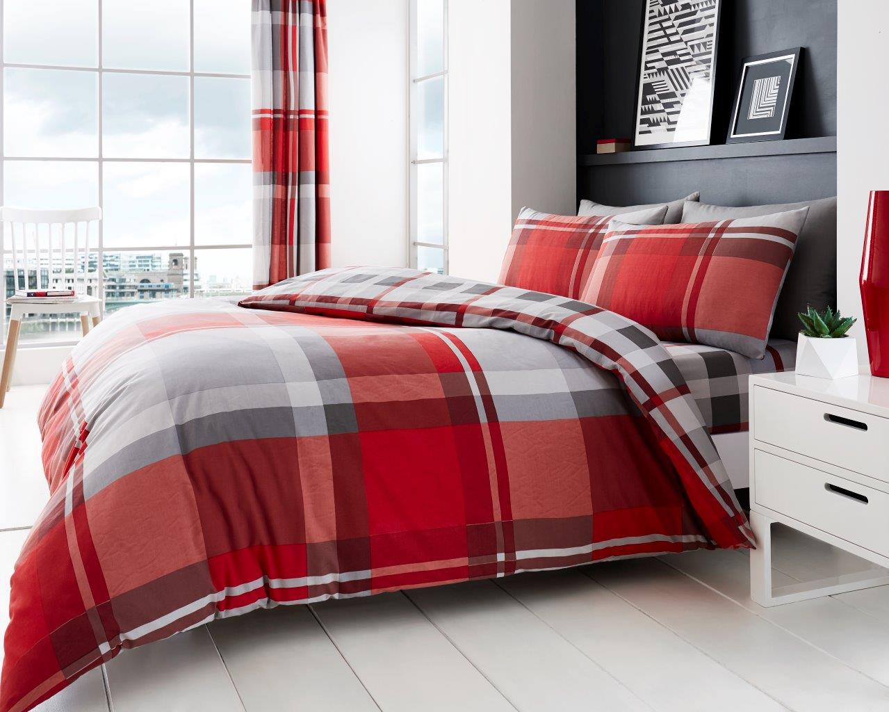 Duvet Cover Set Double King Check Bedding – Waverly Grey Blue with Pillowcases