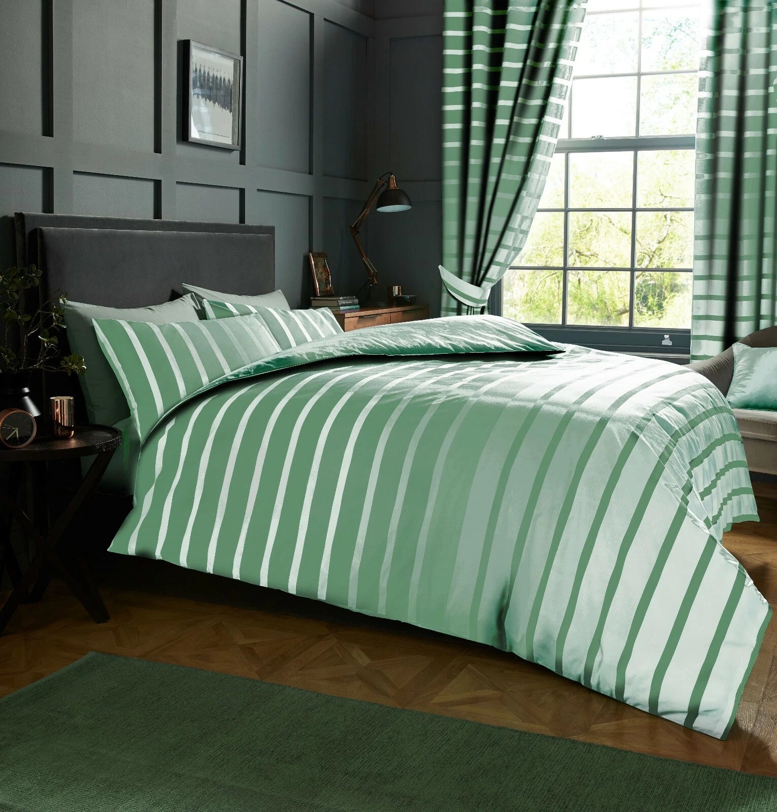 Oscar Stripe Duvet Quilt Cover & Pillow Case Bedding Set Grey Purple Teal
