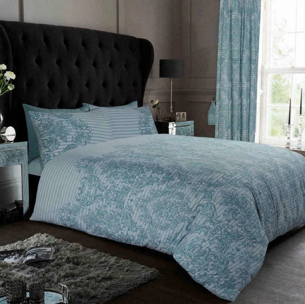 Empire Damask Duvet Quilt Cover & Pillow Case Bedding Set Black Cream Purple