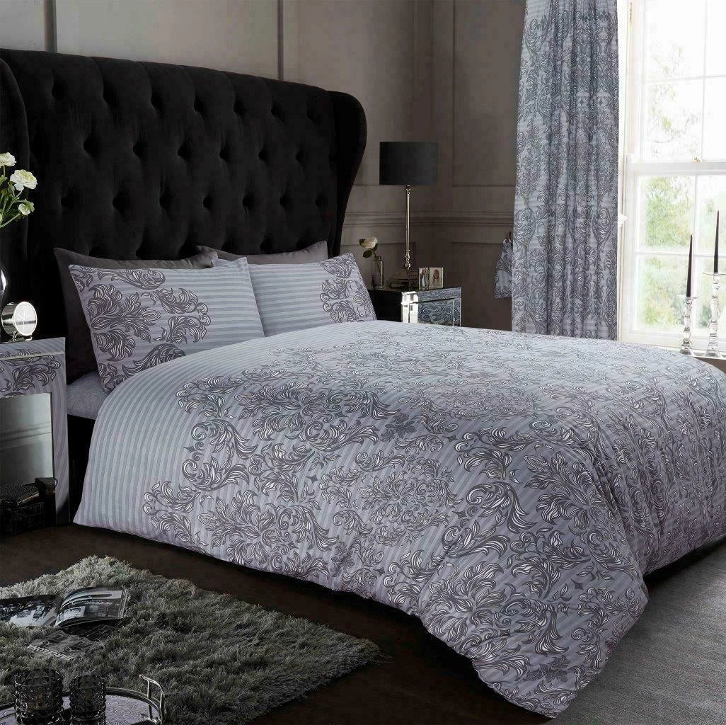 Empire Damask Duvet Quilt Cover & Pillow Case Bedding Set Black Cream Purple