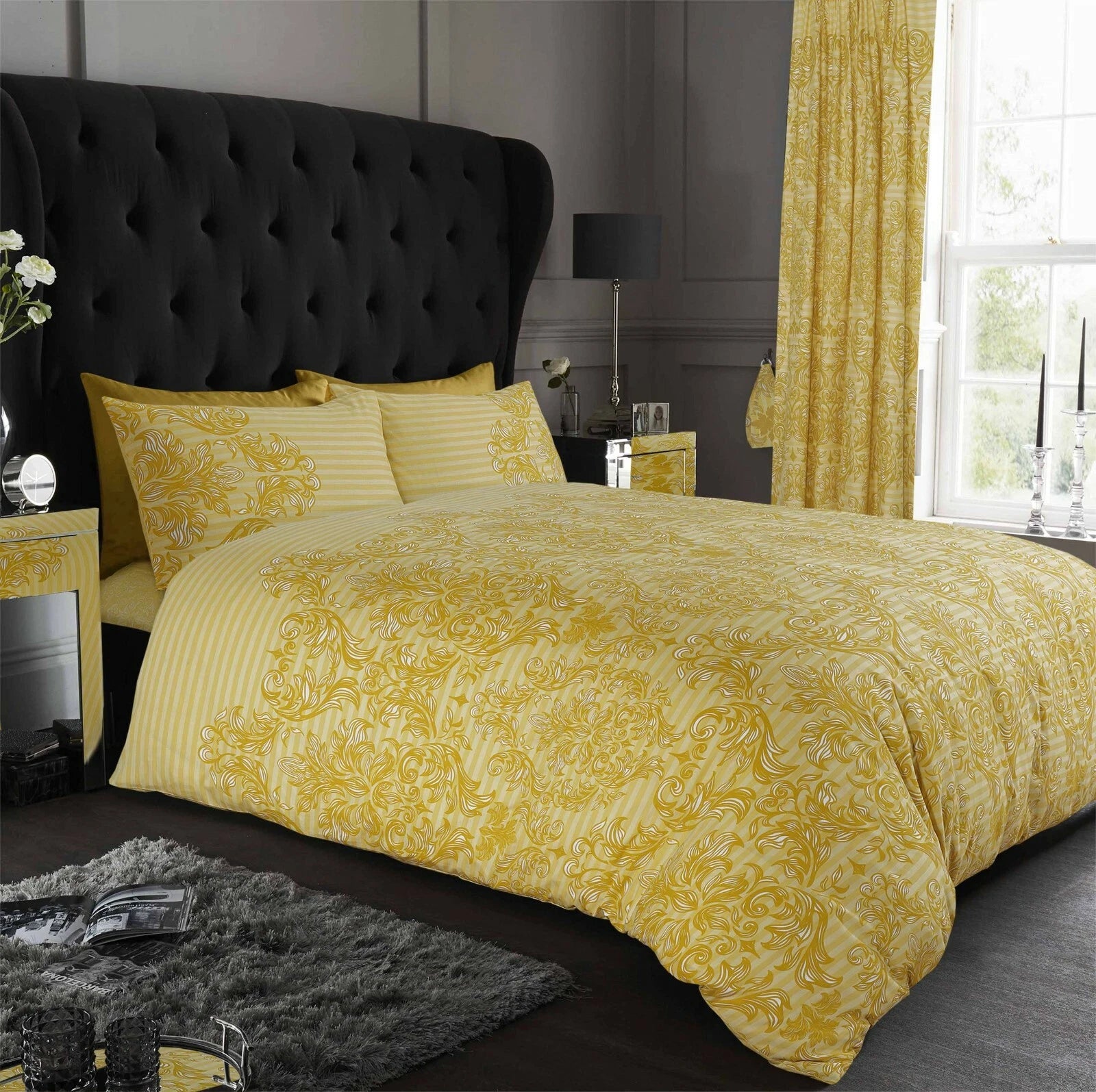 Empire Damask Duvet Quilt Cover & Pillow Case Bedding Set Black Cream Purple