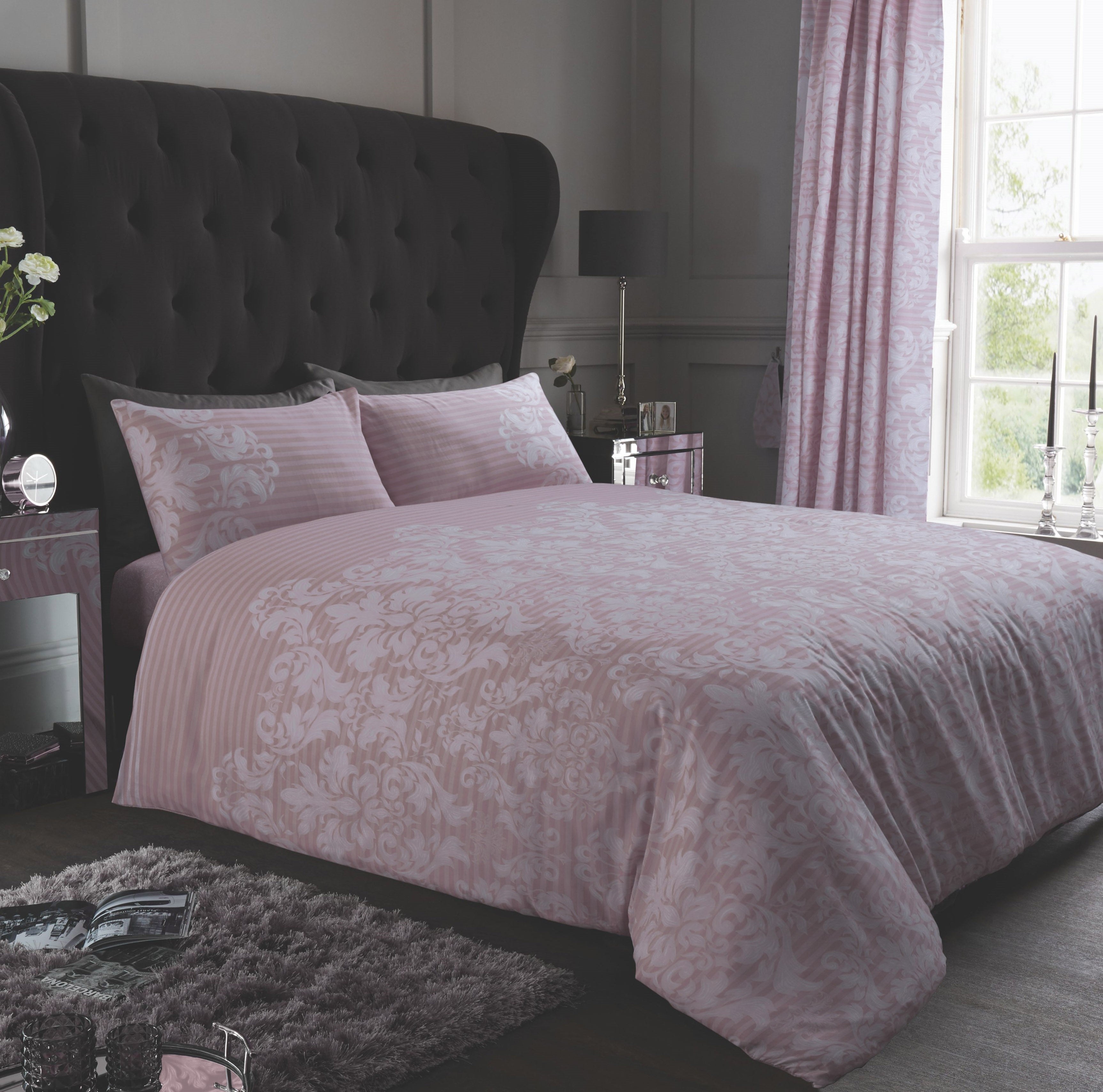 Empire Damask Duvet Quilt Cover & Pillow Case Bedding Set Black Cream Purple