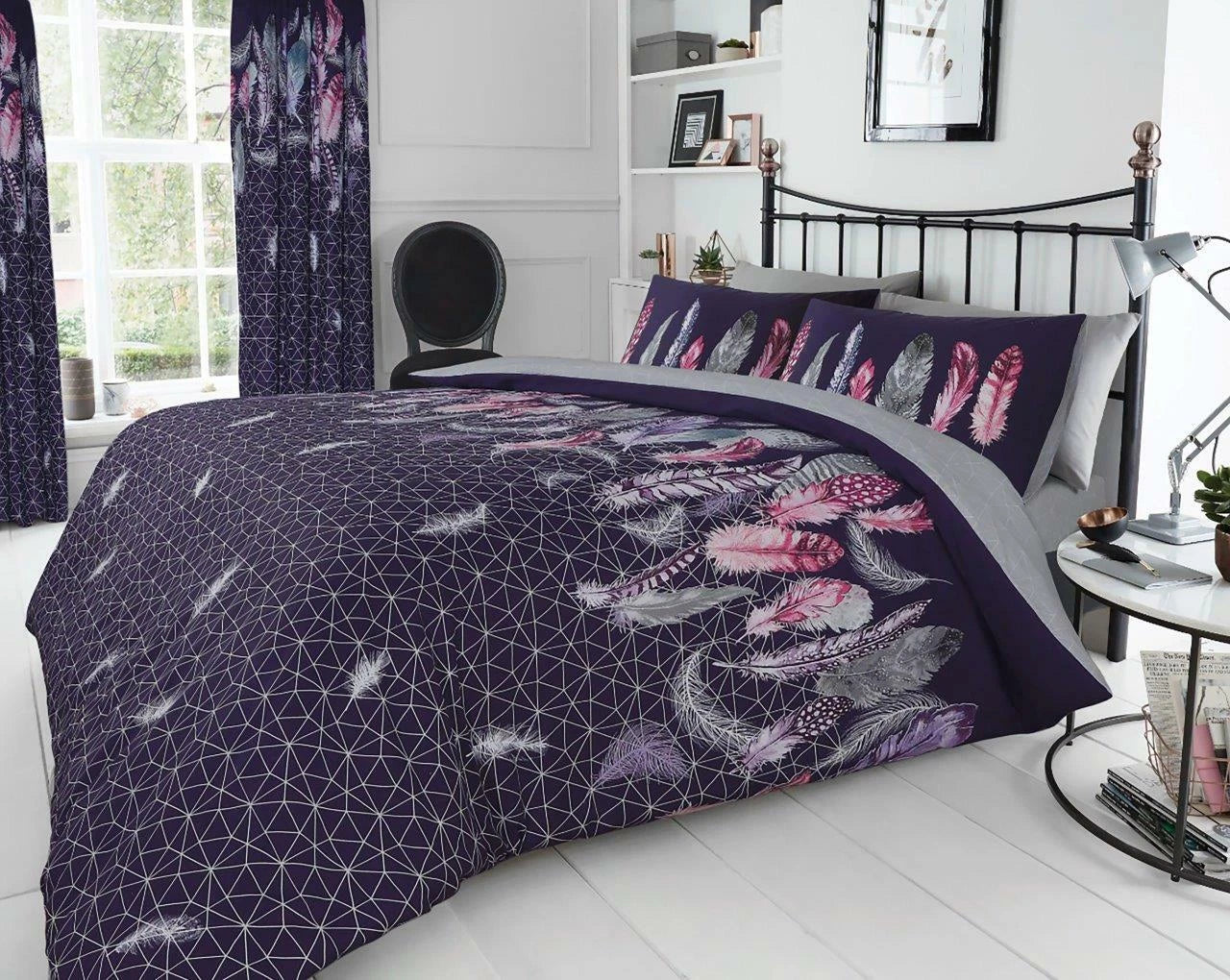 Feathers Duvet Quilt Cover & Pillow Case Bedding Set Grey Pink Yellow White