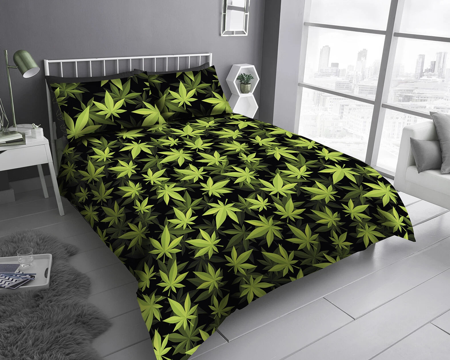 Leaf Duvet Quilt Cover & Pillow Case Bedding Set Black White Green