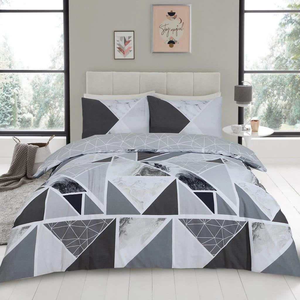 Mila Triangles Marble Stripes Duvet Quilt Cover & Pillow Case Bedding Set Pink
