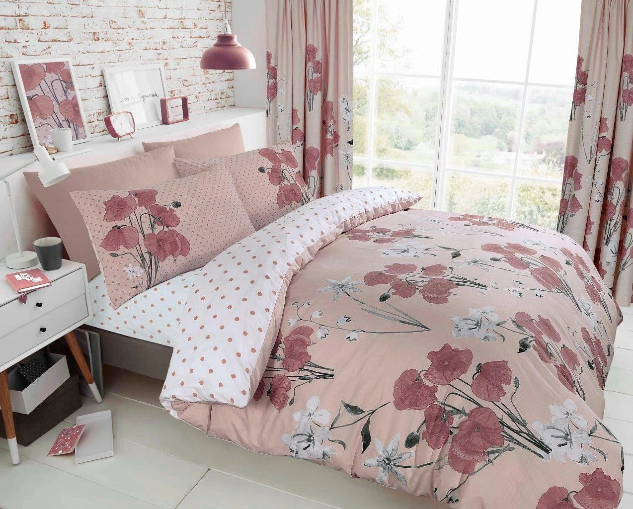 Poppy Floral Polka Dot Duvet Quilt Cover & Pillow Case Bedding Set Yellow Red